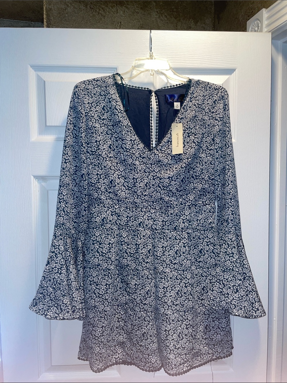 Francesca's Collections Navy and White Floral Long-Sleeve Dress